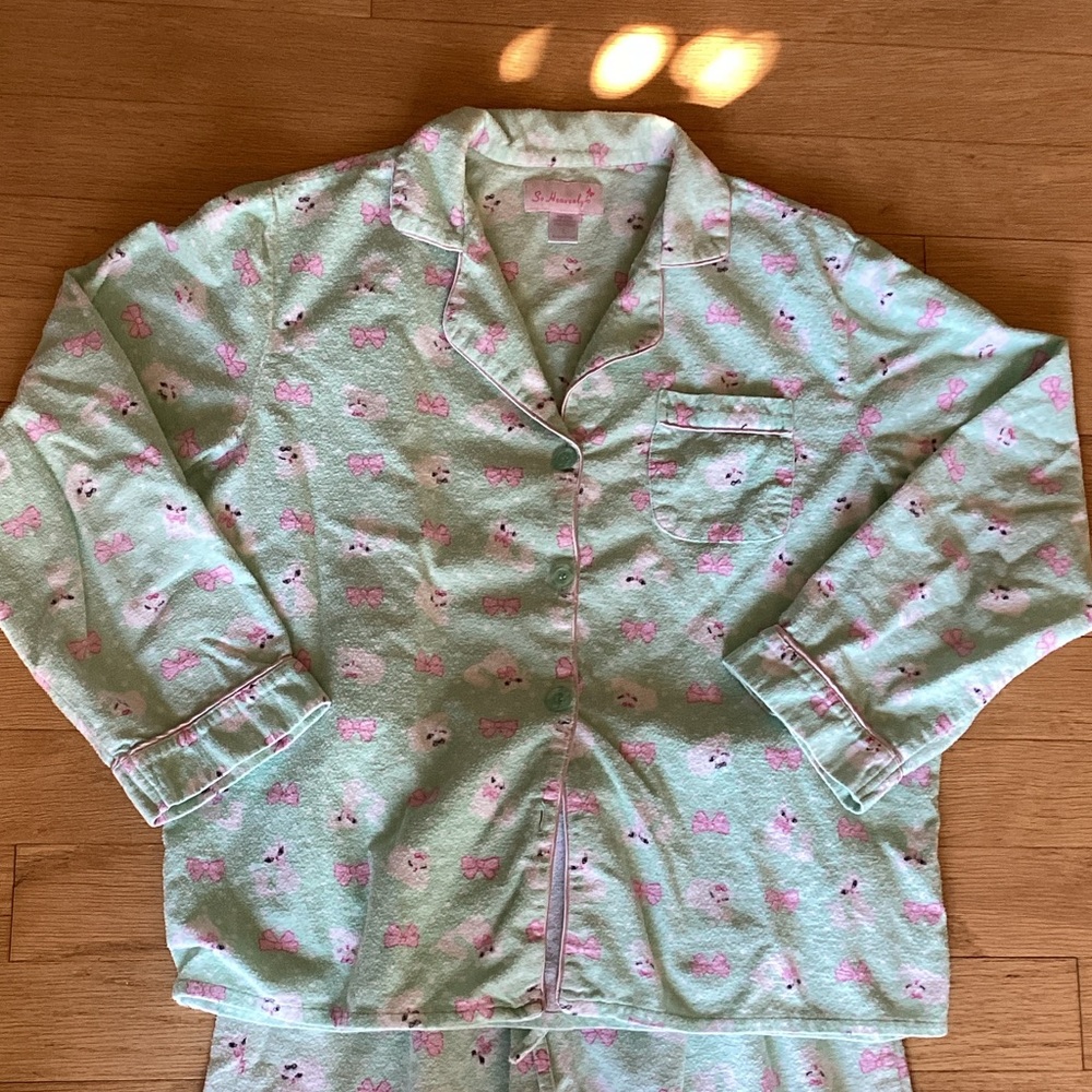 Women's Mint Flannel Pajama Set with Pink Accents(white kitties with pink bows) - Picture 2 of 10
